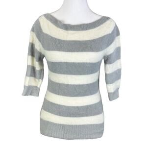 bebe O Angora Sweater Boat Neck 3/4 Sleeve Gray White Striped Size Medium Fitted